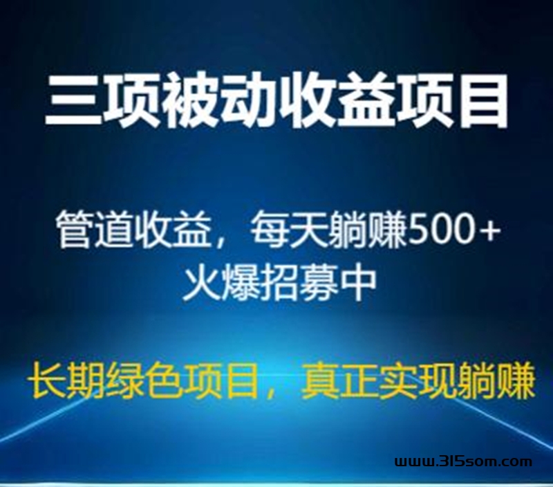 三项被动管道收溢项目，绿色正规，单人500+，可批量矩阵操作 - 首码项目网-首码项目网