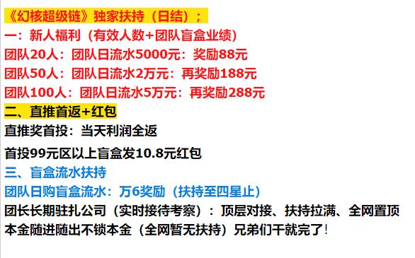 幻核超级链扶持（盲盒搬砖）静态日润3.2%+团队管道高达50%（跨年润米项目）-首码项目网